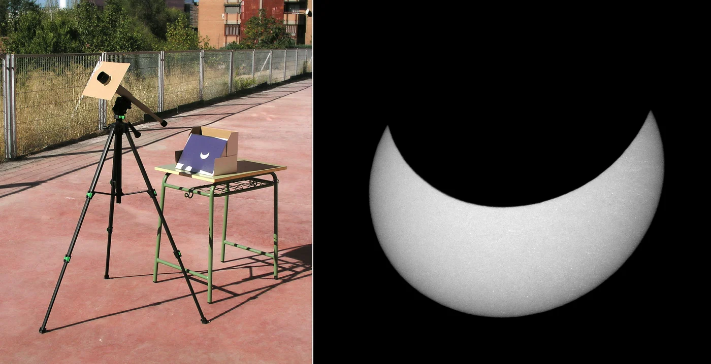 Dispositivo de proyección y eclipse solar observado en Madrid el 3 de octubre de 2005. Fotografías de archivo utilizadas como contexto de la planificación sanitaria de eclipses.