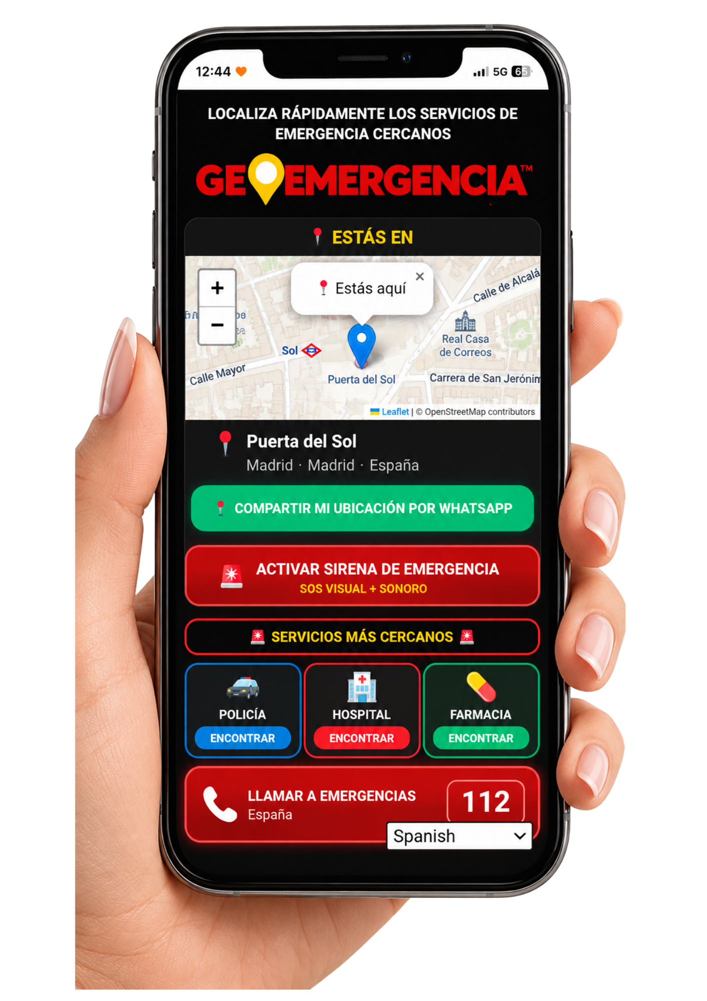 Presentación de GEOEMERGENCIA™ en un móvil, interfaz en español. Imagen facilitada por AGLAYA.
